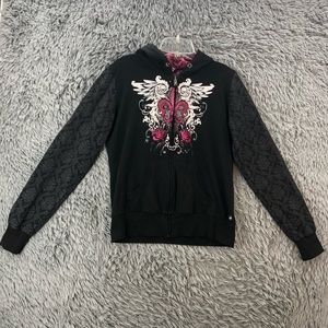 LA Kitty Hoodie Girls XL Fleur De Lis Feathers  Zip Jacket Roses Pockets